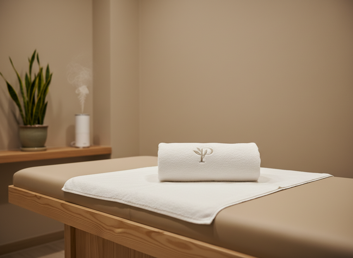 A neatly folded, plush white massage towel resting on a wide, light-wood massage table in a private one-person Swedish massage room. Smooth beige walls, a small potted green plant on a low shelf, and a minimalist diffuser emitting a faint mist suggest a quiet shop in Paju, South Korea. Warm recessed ceiling lights cast soft, even illumination, creating gentle shadows along the table’s edges. Photographic realism at eye level, with a shallow depth of field that keeps the towel and table in crisp focus while the background softly blurs, conveying a professional, calm, and welcoming atmosphere suitable for a boutique Swedish massage business.